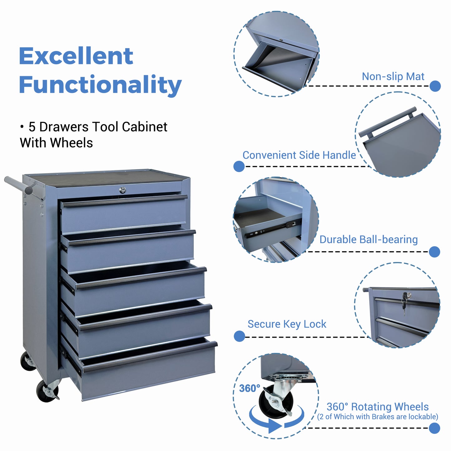20-Inch Metal Rolling Tool Chest with 5 Drawers, Steel Storage Cabinet, Grey
