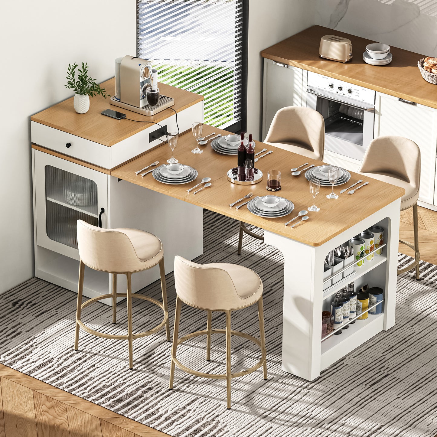 K&K 59.5 Kitchen Island With Extendable Dining Table, Storage Table