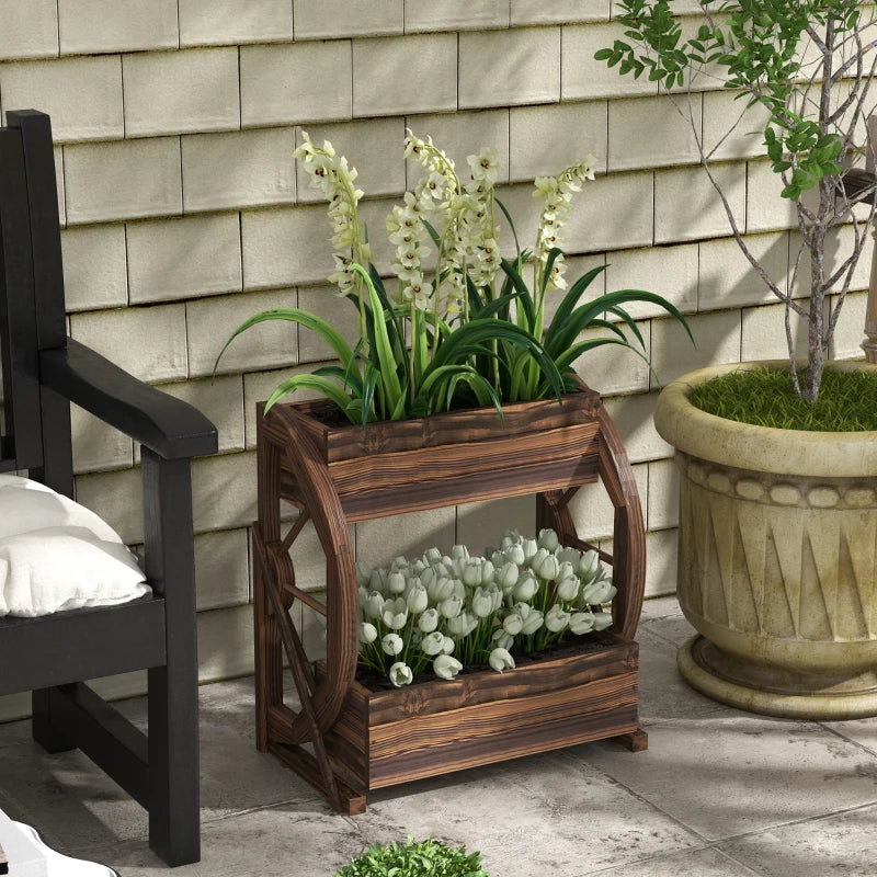Wooden Wagon Planter Box 2-Tier Raised Garden Bed for Vegetables Flowers Herbs