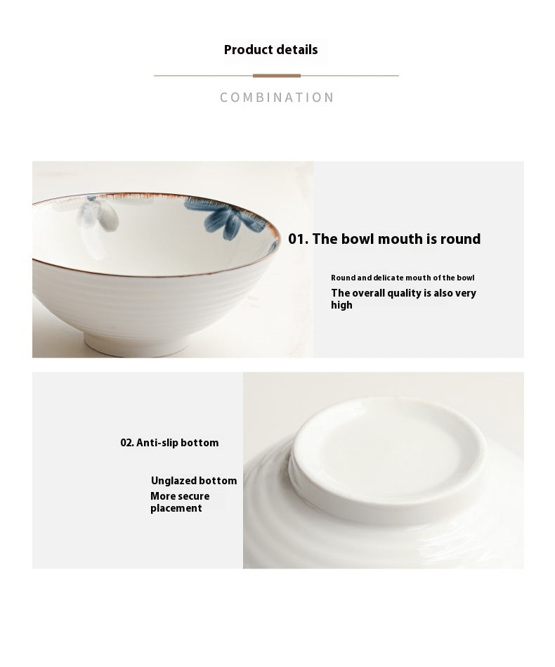 Japanese Style Rain-Hat Shaped Ceramic Ramen Bowl Set - Underglaze Blue