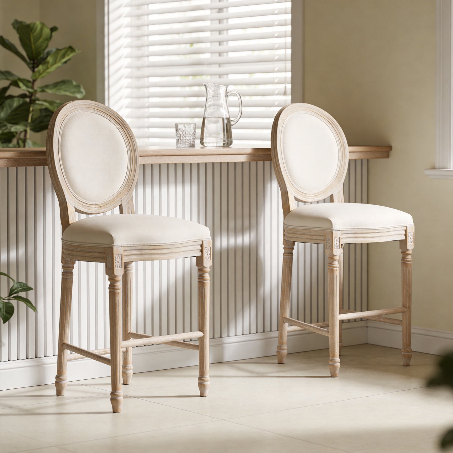 French Country Bar Chairs Set of 2 - Upholstered, Round Back, Beige