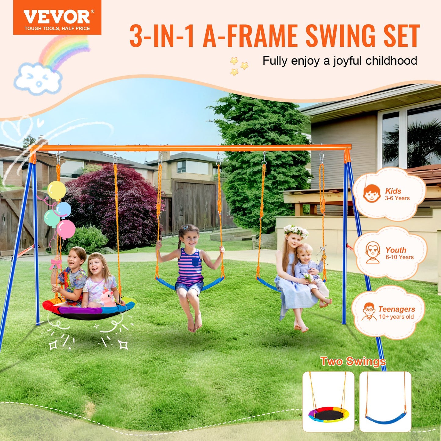 Outdoor Swing Set for Backyard with 2 Seats and Metal Frame - Orange