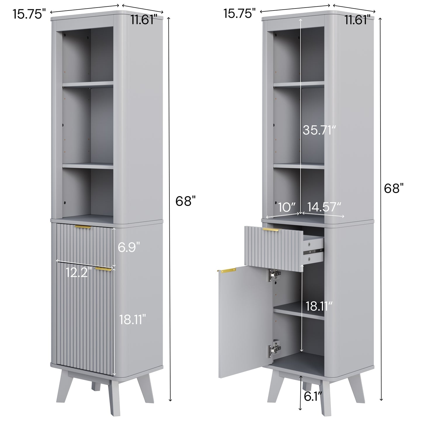 68" Tall Bathroom Storage Cabinet with Adjustable Shelves - Gray