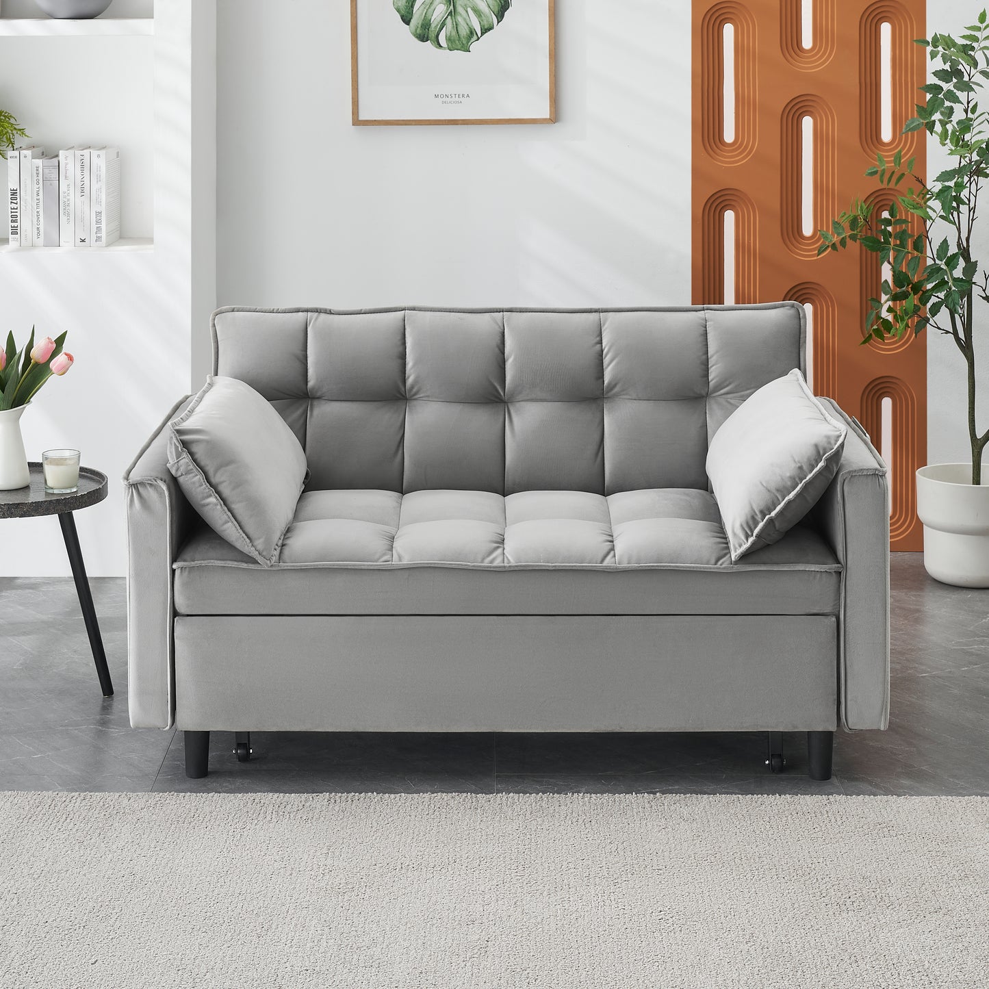 Convertible Velvet Loveseat Sofa Bed with Reclining Backrest - Gray
