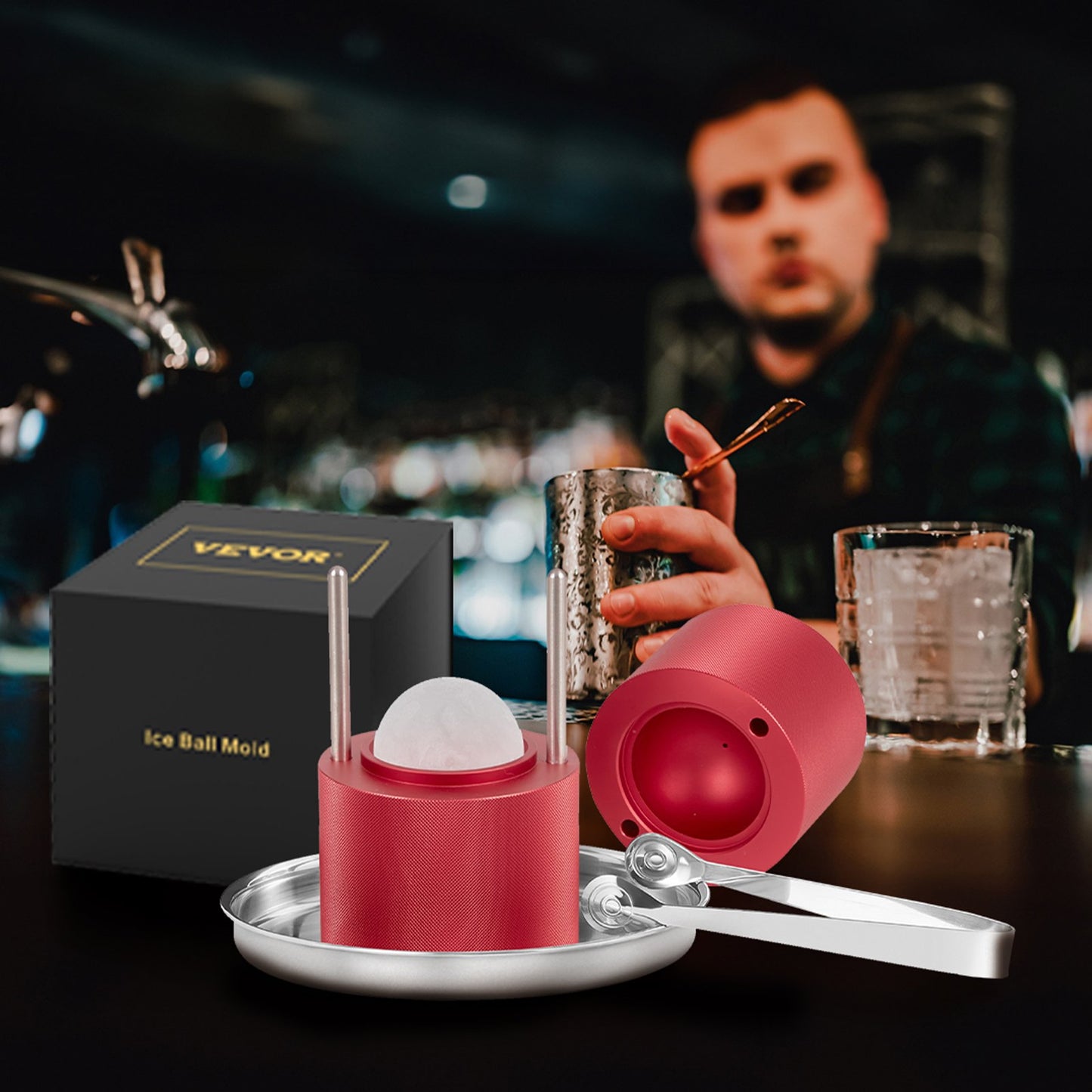 Ice Ball Press Kit - 2.4-Inch Whiskey Ice Maker with Drip Tray & Tongs - Red