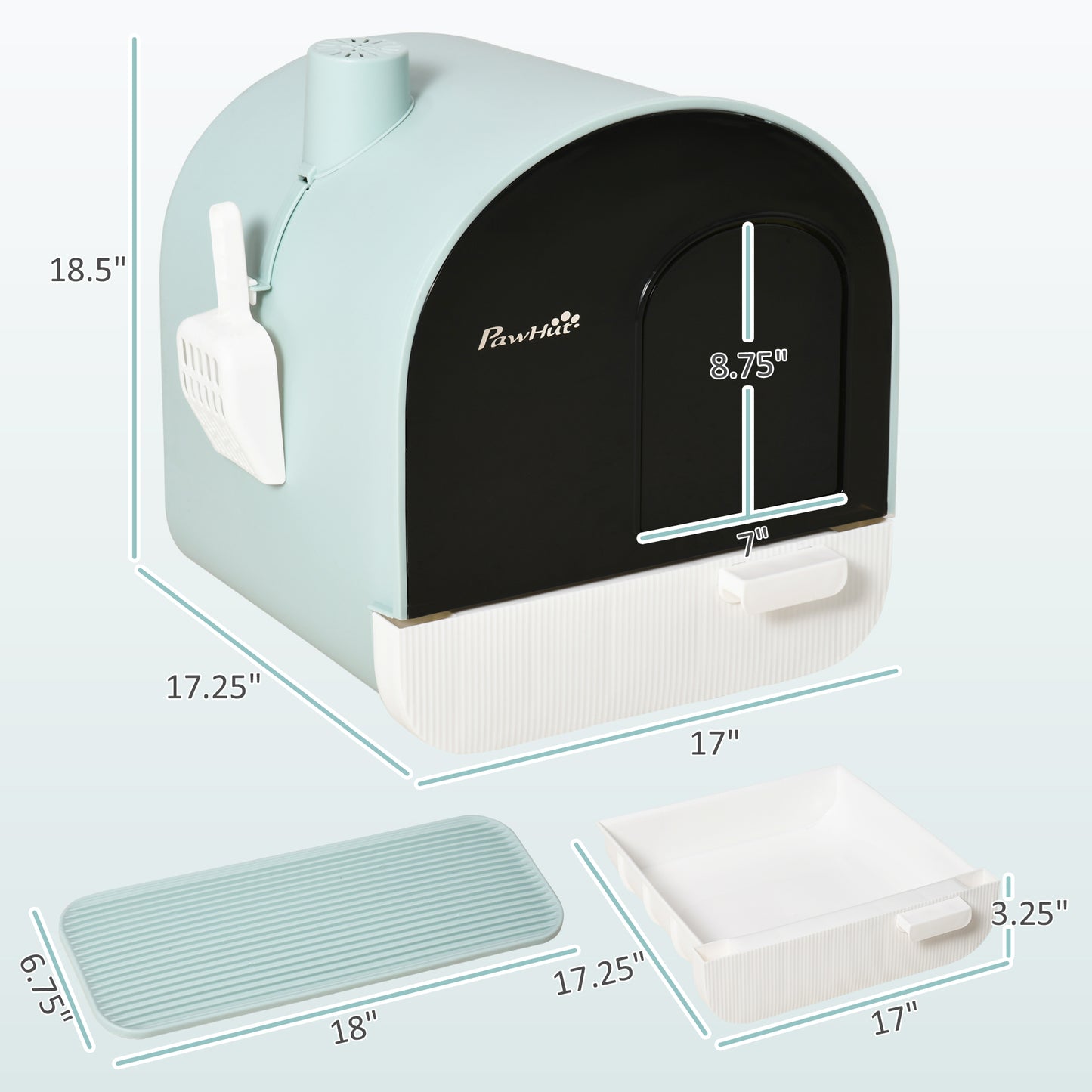Enclosed Cat Litter Box with Lid, Drawer, Scoop & Mat - Green, 475x455x460 mm