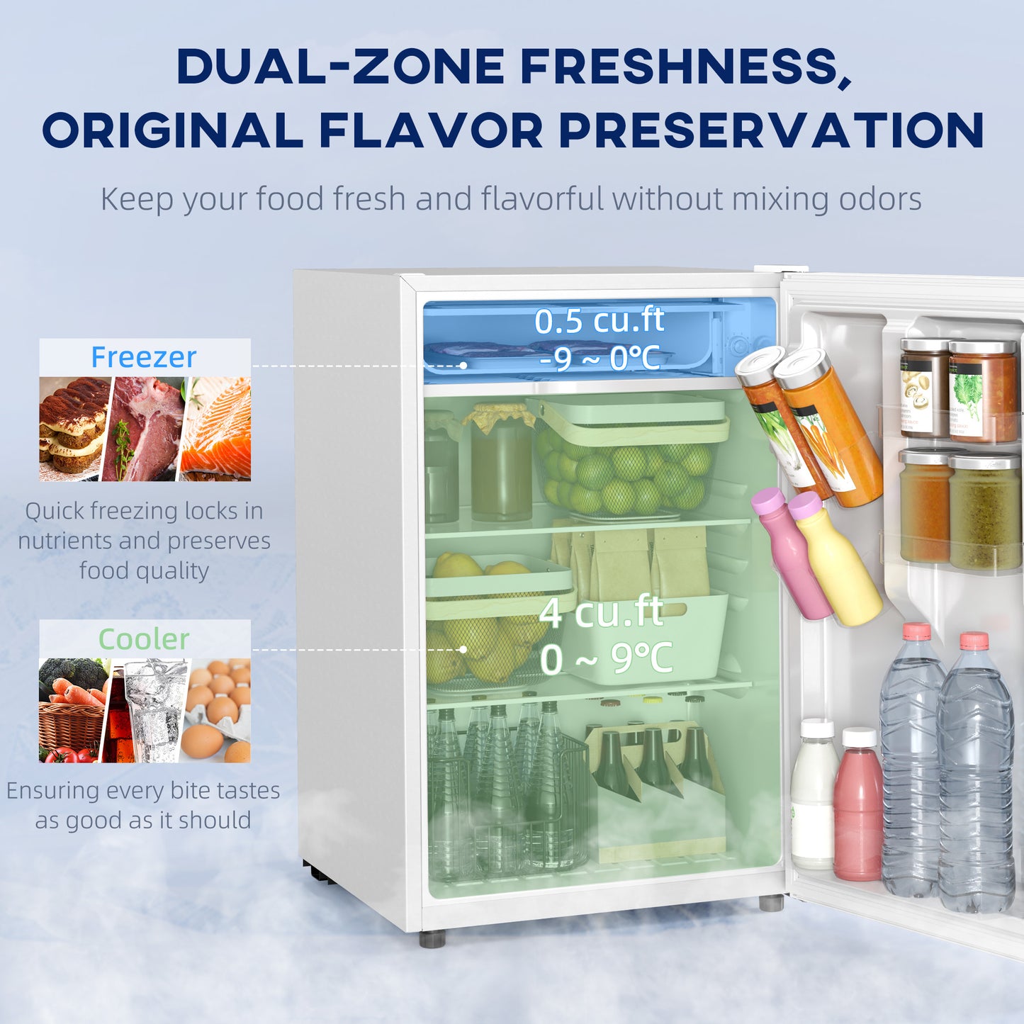4.5 Cu.Ft Mini Fridge with Freezer, Reversible Door, Wheels, White