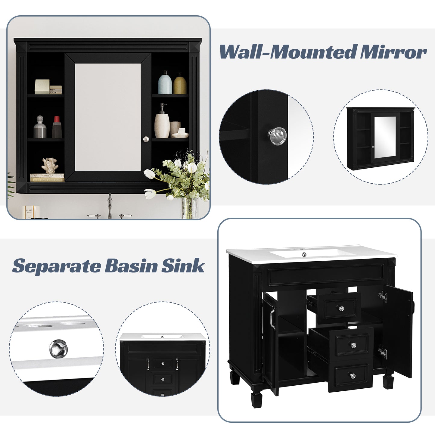 36'' Modern Bathroom Vanity with Black Mirror Cabinet & Sink