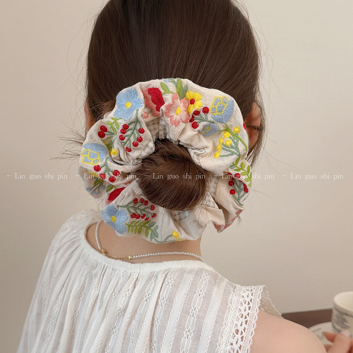 Embroidered Fabric Hair Tie Scrunchie for Buns & Ponytails