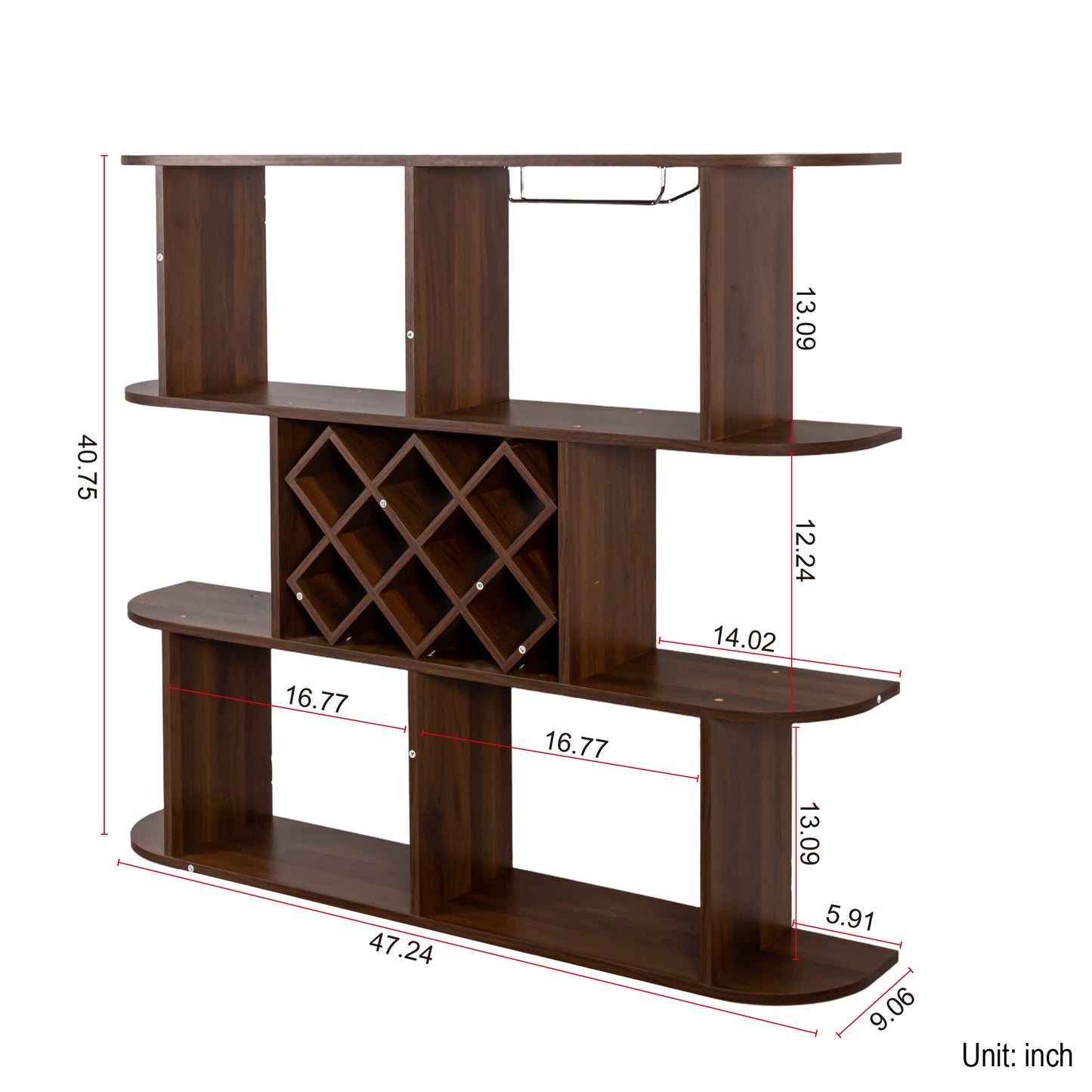 Wall Mounted 3 Tier Rustic Wine Rack with Glass Holder - Walnut