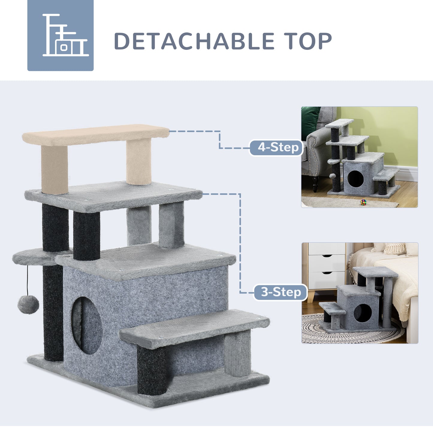 Adjustable 3-4 Step Cat Stairs with Scratching Post & Toy Ball - Gray