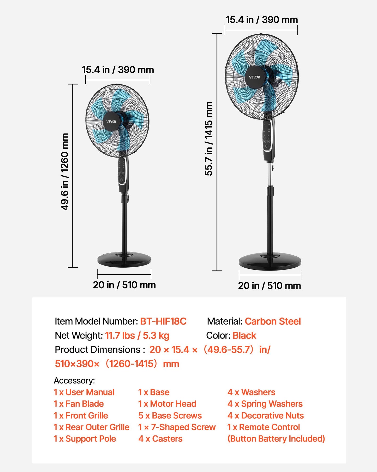 18-Inch Pedestal Fan with Remote Control, 9 Speeds & Adjustable Height, Quiet DC Motor, Black