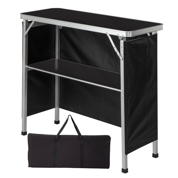 Portable Folding Bar Table with Shelf and Black Skirt - Indoor Outdoor Event Stand