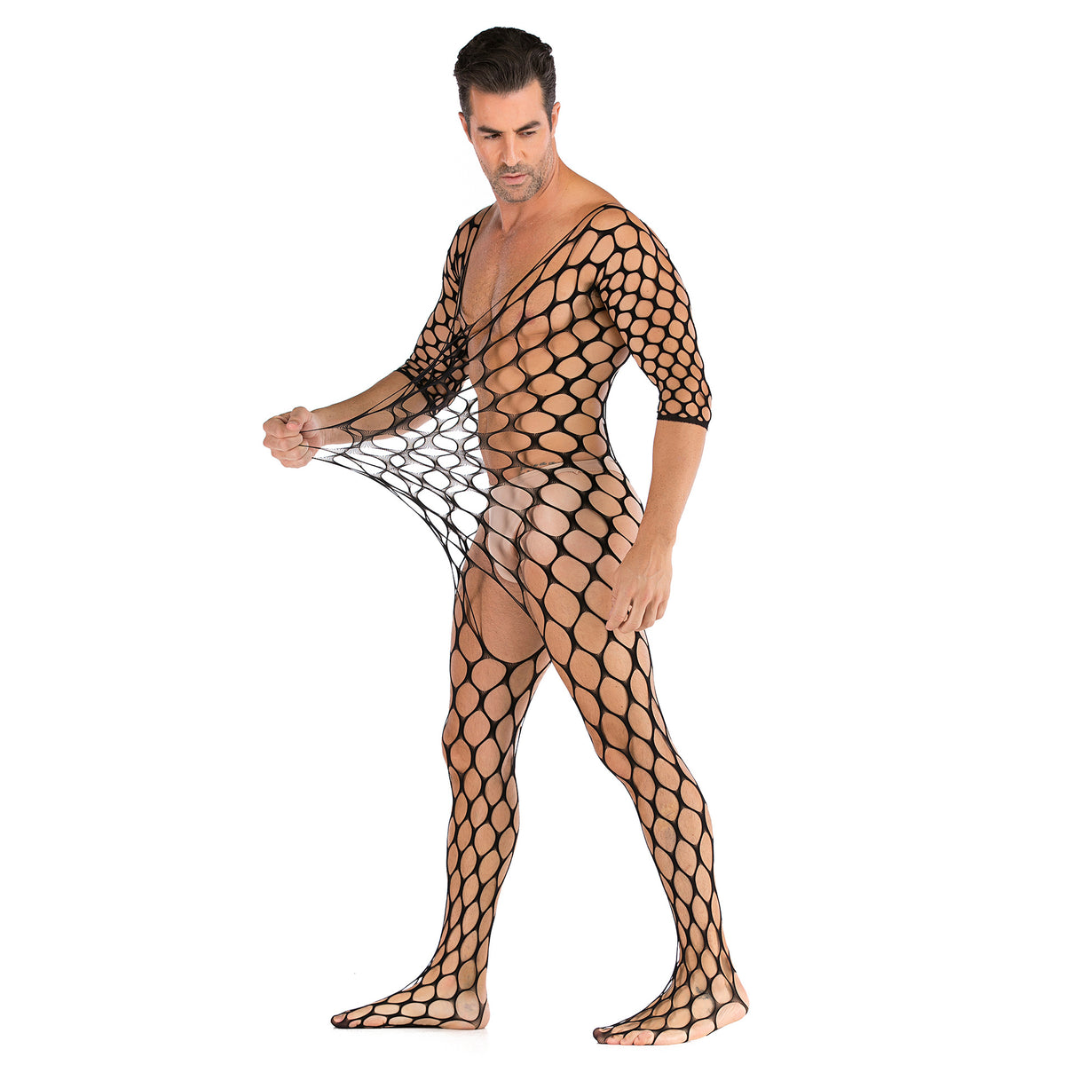 Men's Mesh Jumpsuit Long Sleeve Cosplay Costume Black One Size
