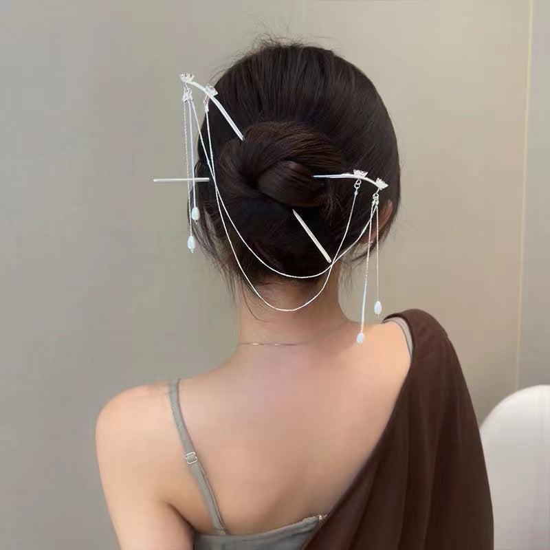 Silver Pearl Flower Hairpin - Antique Geometric Design