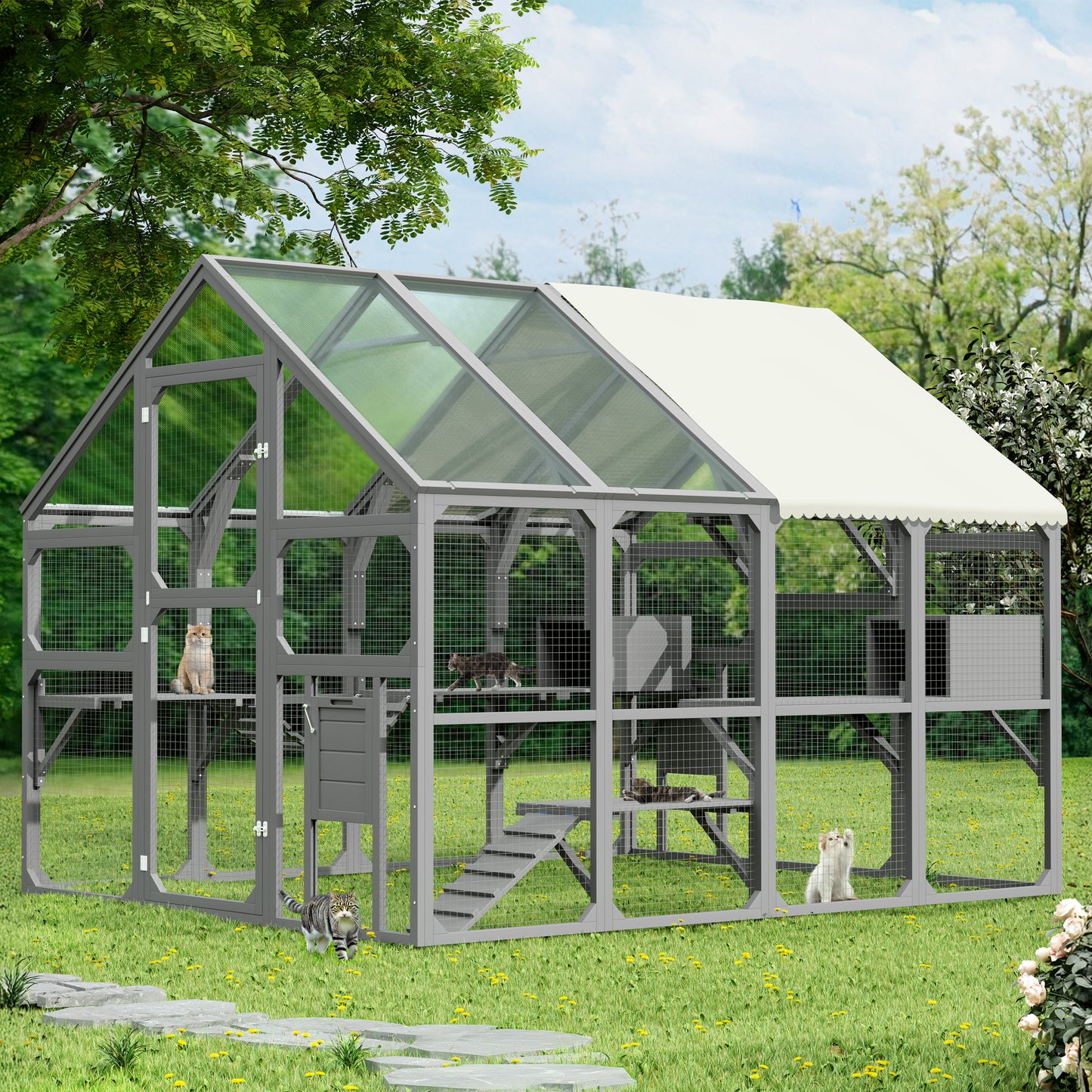 Large Outdoor Cat Enclosure for Multiple Kittens - Gray