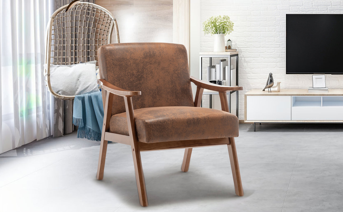 Mid-Century Modern Accent Chair with Solid Wood Frame - Brown