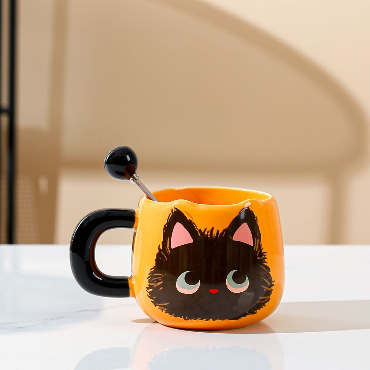 Cute Black Cat Mug with Lid and Spoon - Ceramic Drinkware Set