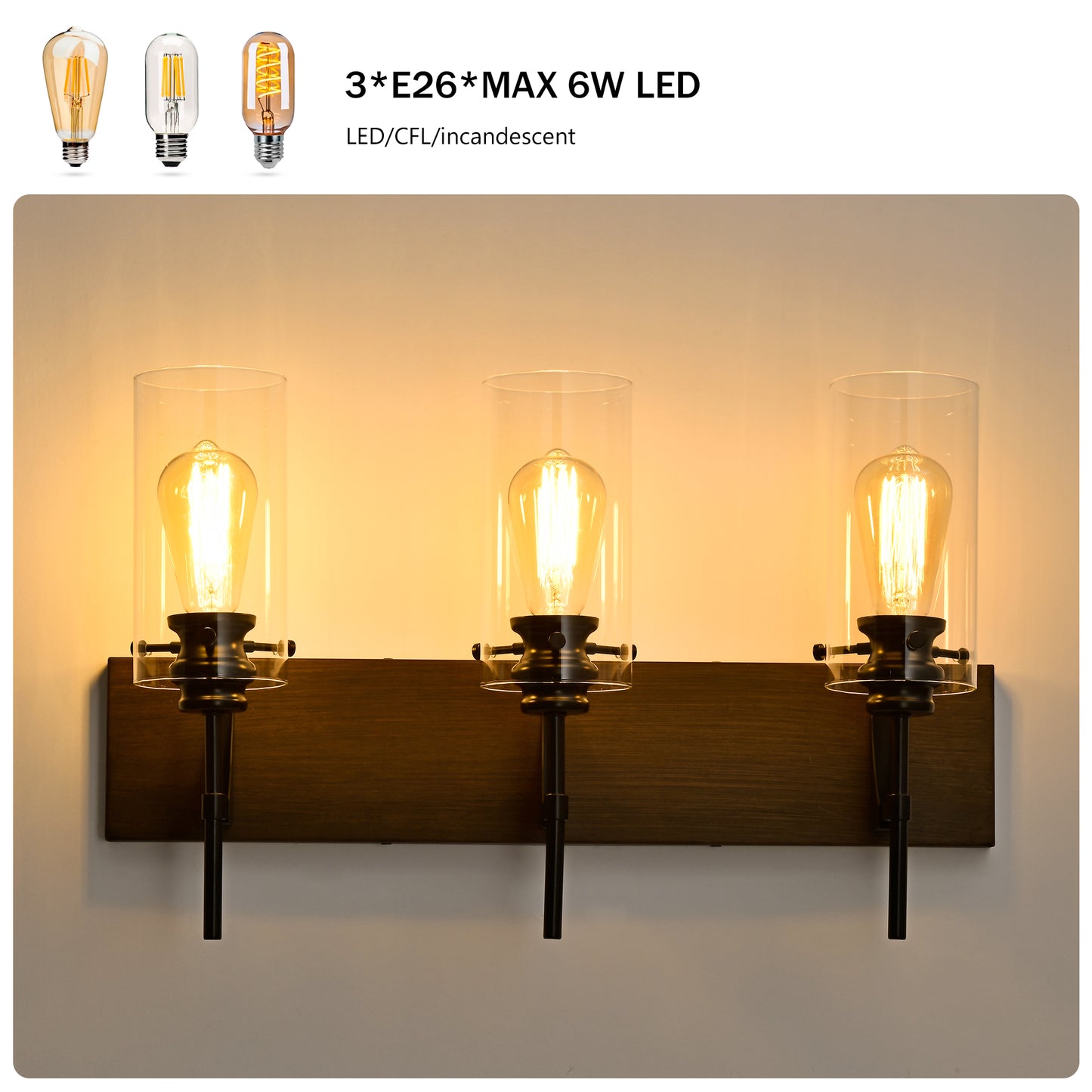 3-Light Matte Black Wood Bathroom Vanity Light with Glass Shades