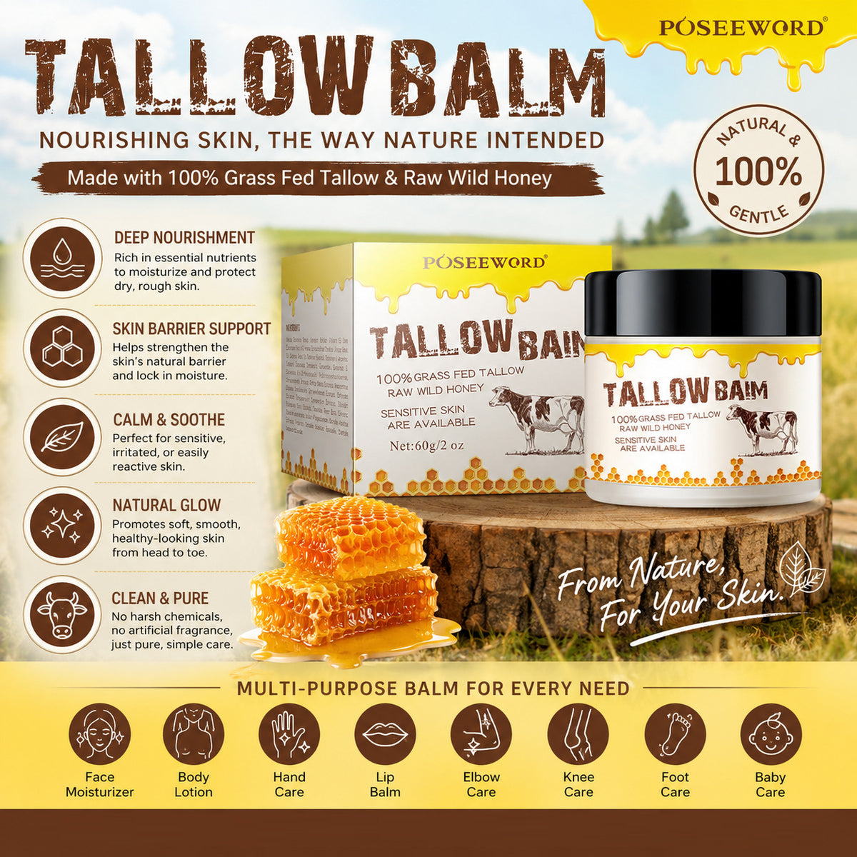 Cow Fat Cream Facial Moisturizer - Deep Hydration & Skin Barrier Repair 60g