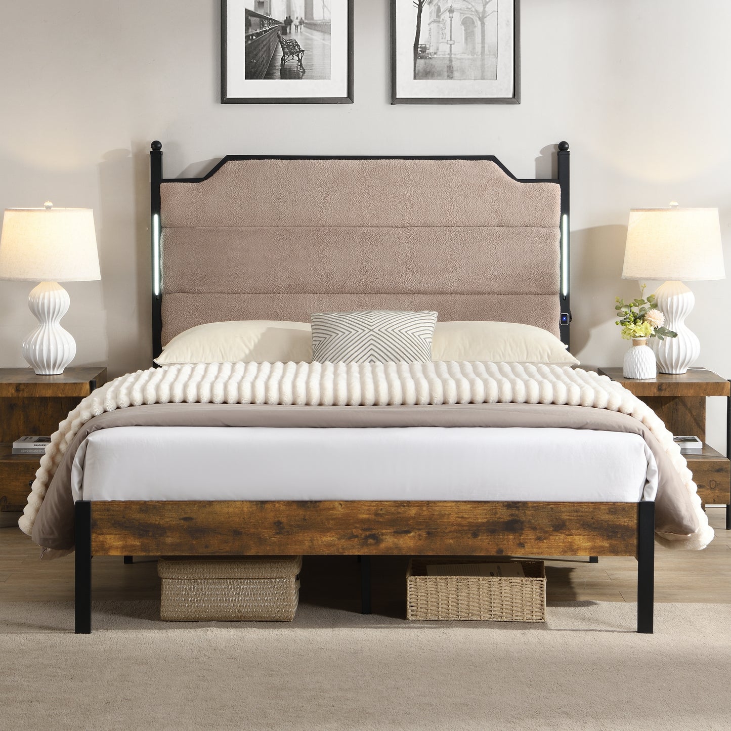 Queen Bed Frame with Upholstered Headboard & LED Lights - Light Pink