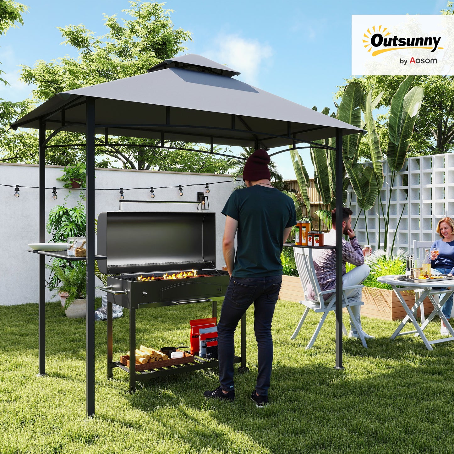 Outdoor BBQ Gazebo Canopy with Double Roof and Shelves - Gray
