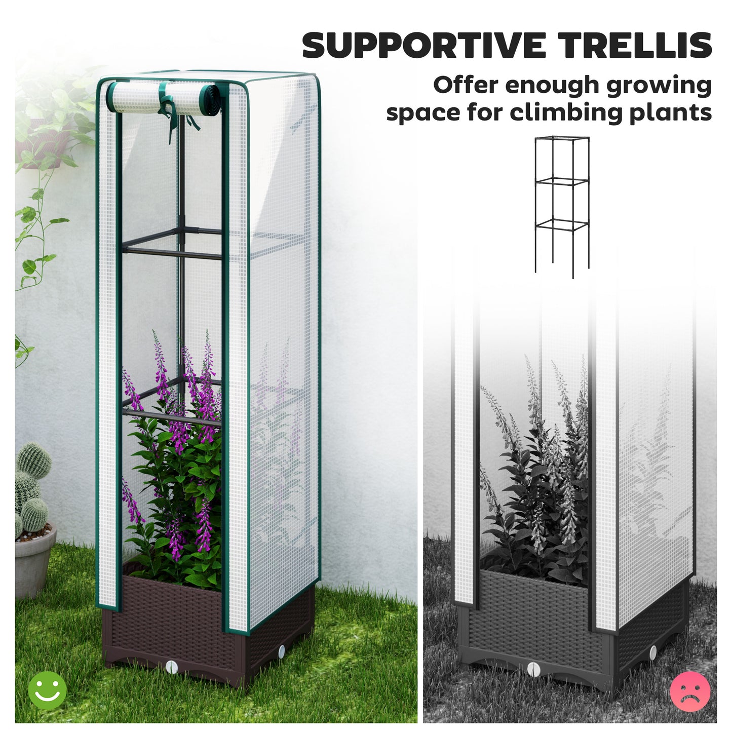 Outdoor Garden Bed with Trellis and PE Cover - 15.7x15.7x48.8 Inches, Brown