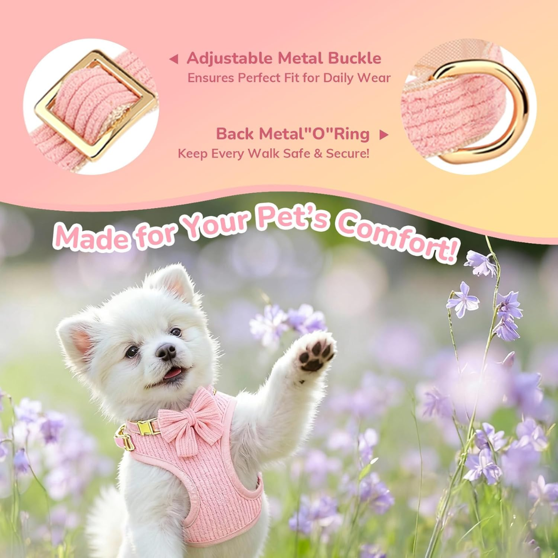 Small Dog Collar Harness and Leash Set Breathable Cotton Adjustable No Pull