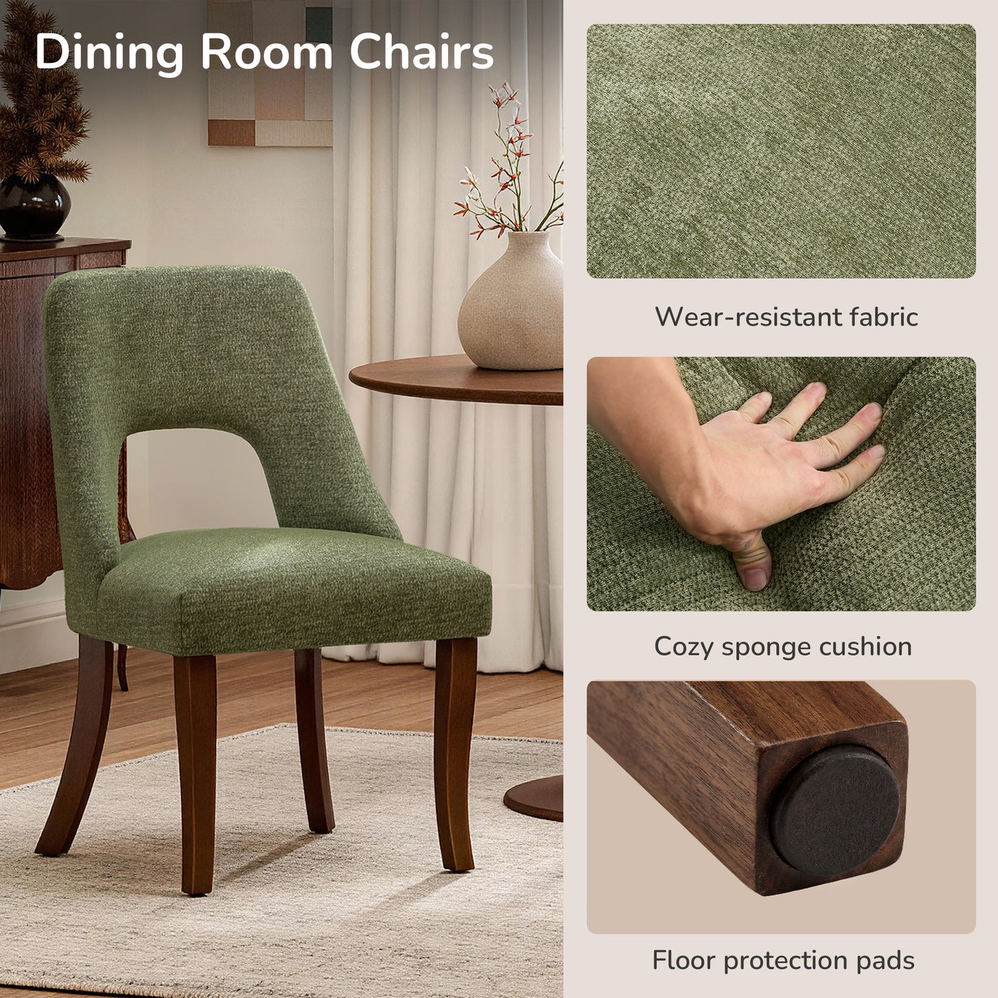 Upholstered Dining Chair Set of 2 - Modern Green Fabric