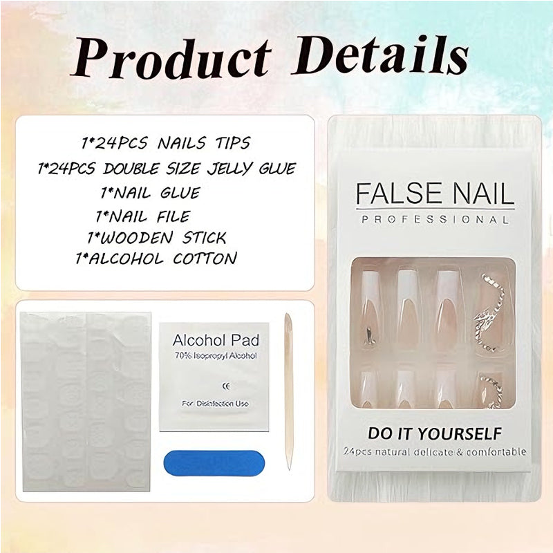 24 PCS Floral Butterfly Press-On Nails - Long Square Fake Nails - Pink