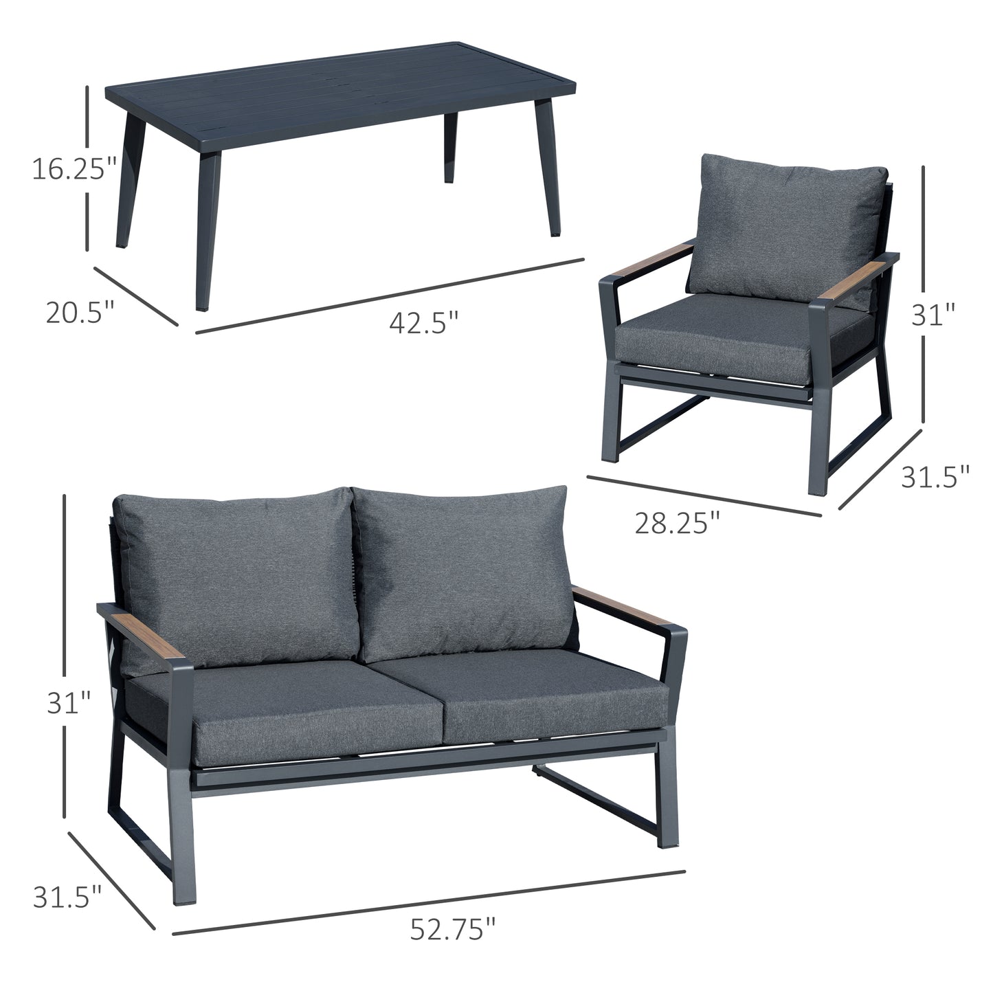 4-Piece Outdoor Furniture Set - Aluminum Sofa & Coffee Table - Dark Grey