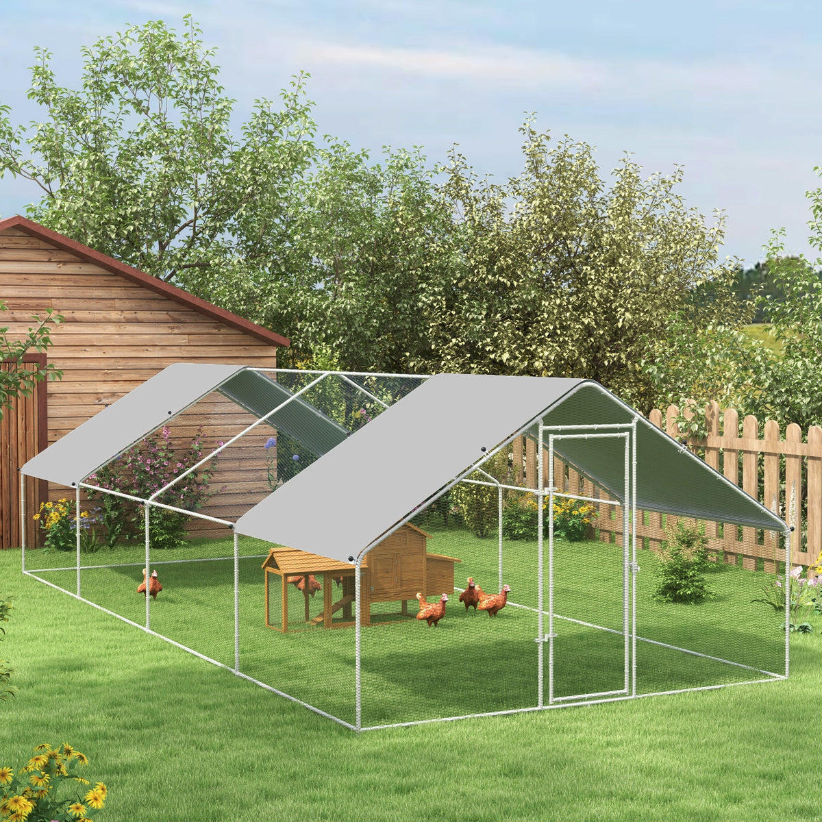 Large Metal Chicken Coop Run with Waterproof Cover - Outdoor Poultry Fence Cage, 1.3" Diameter, Silver