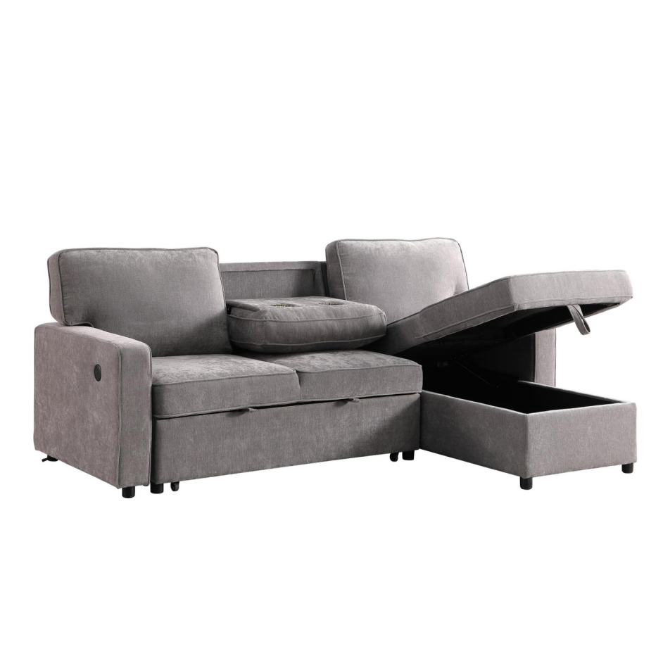 Sectional Sofa Bed with Storage, USB Port & Cup Holders - Gray