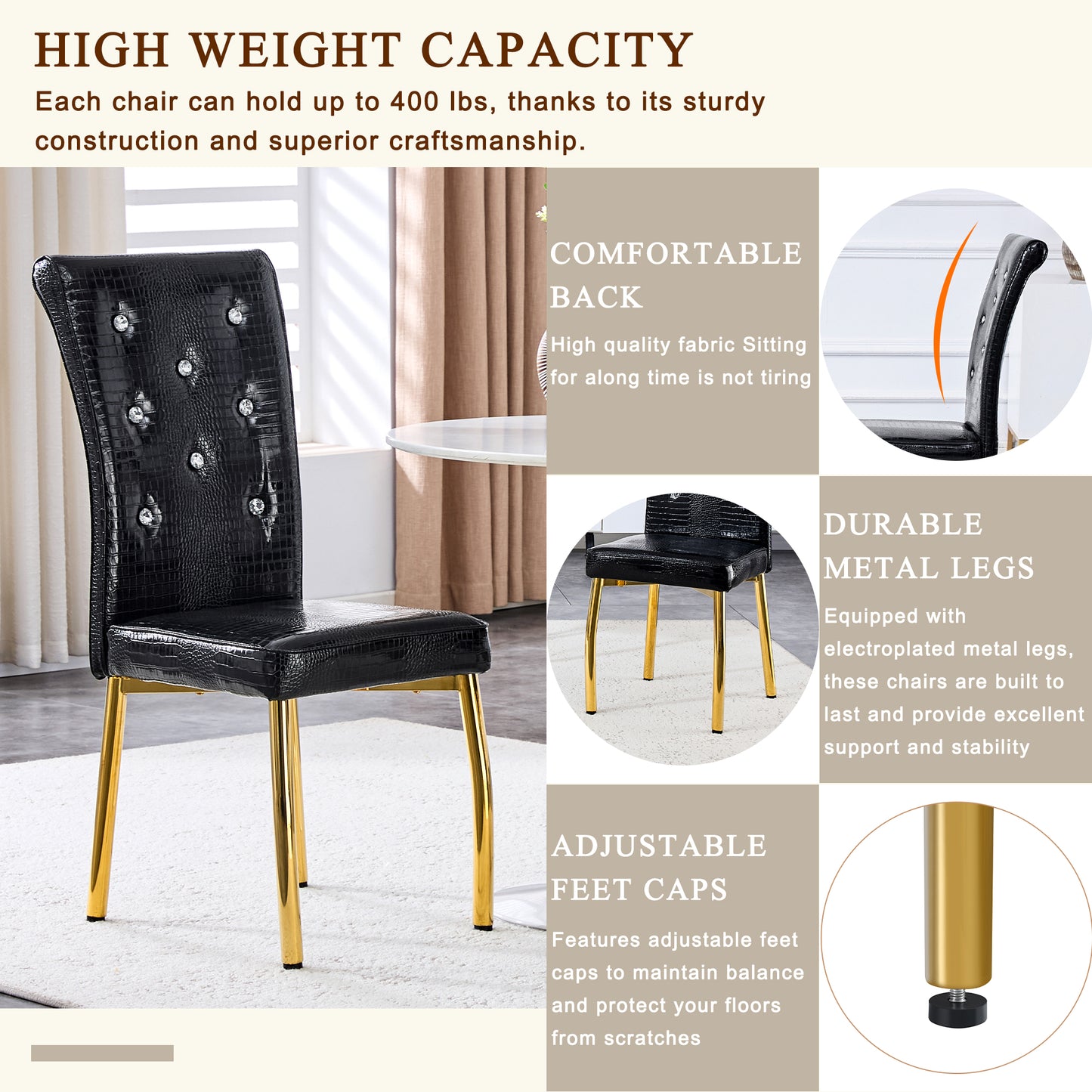 Set of 4 Retro Alligator Skin Dining Chairs with Crystal Buckle - Black & Gold