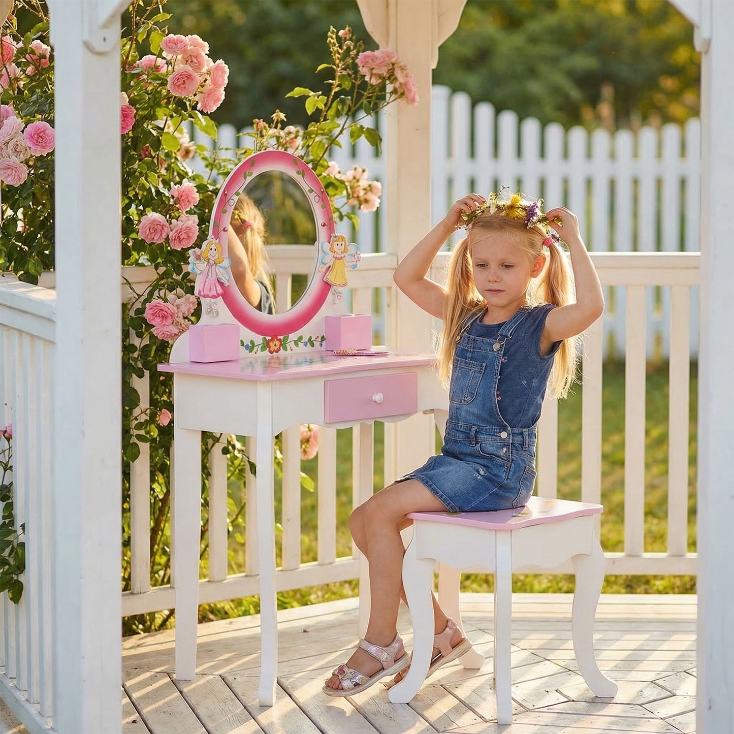 Kids Vanity Set Floral Printed Wooden Makeup Dressing Princess Table