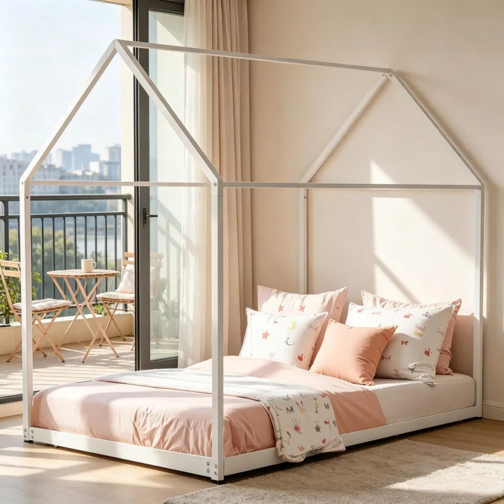 House-Shaped Canopy Bed Frame - Sturdy Metal Construction