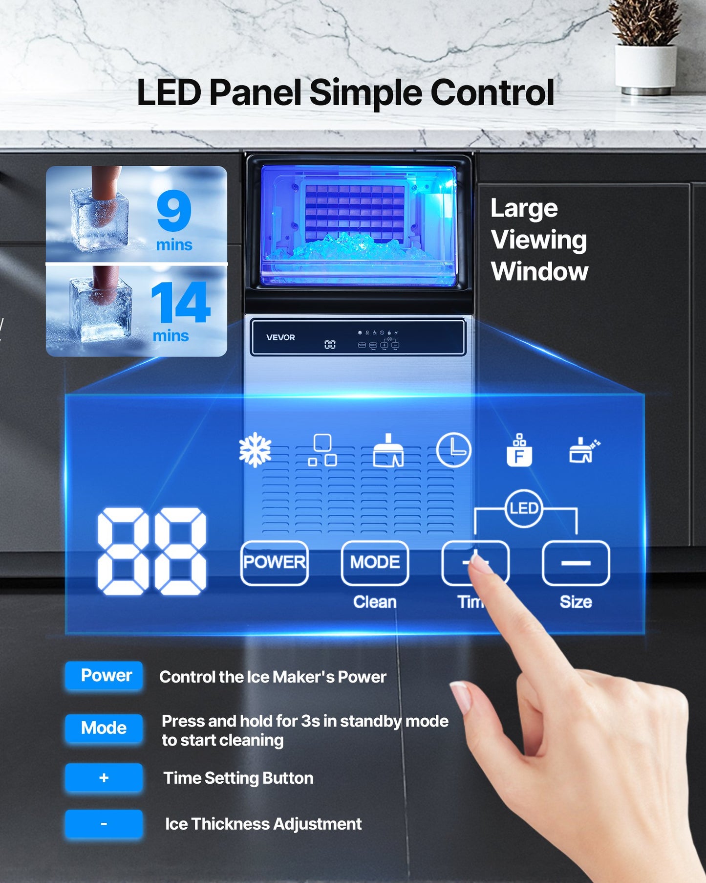 Commercial Ice Maker Machine with Pump, 130Lbs/24H, 33Lbs Storage, LED Display, Self-Cleaning, for Home Bar & Restaurant
