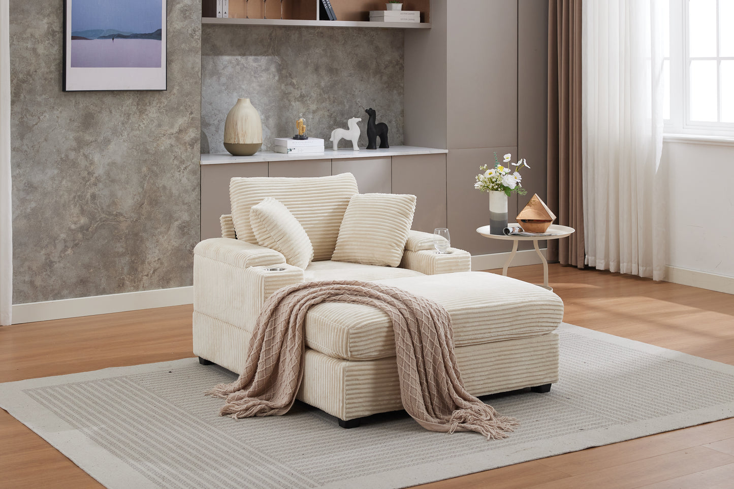 Corduroy Upholstered Chaise Lounge Sofa with Storage & Ottoman - Beige