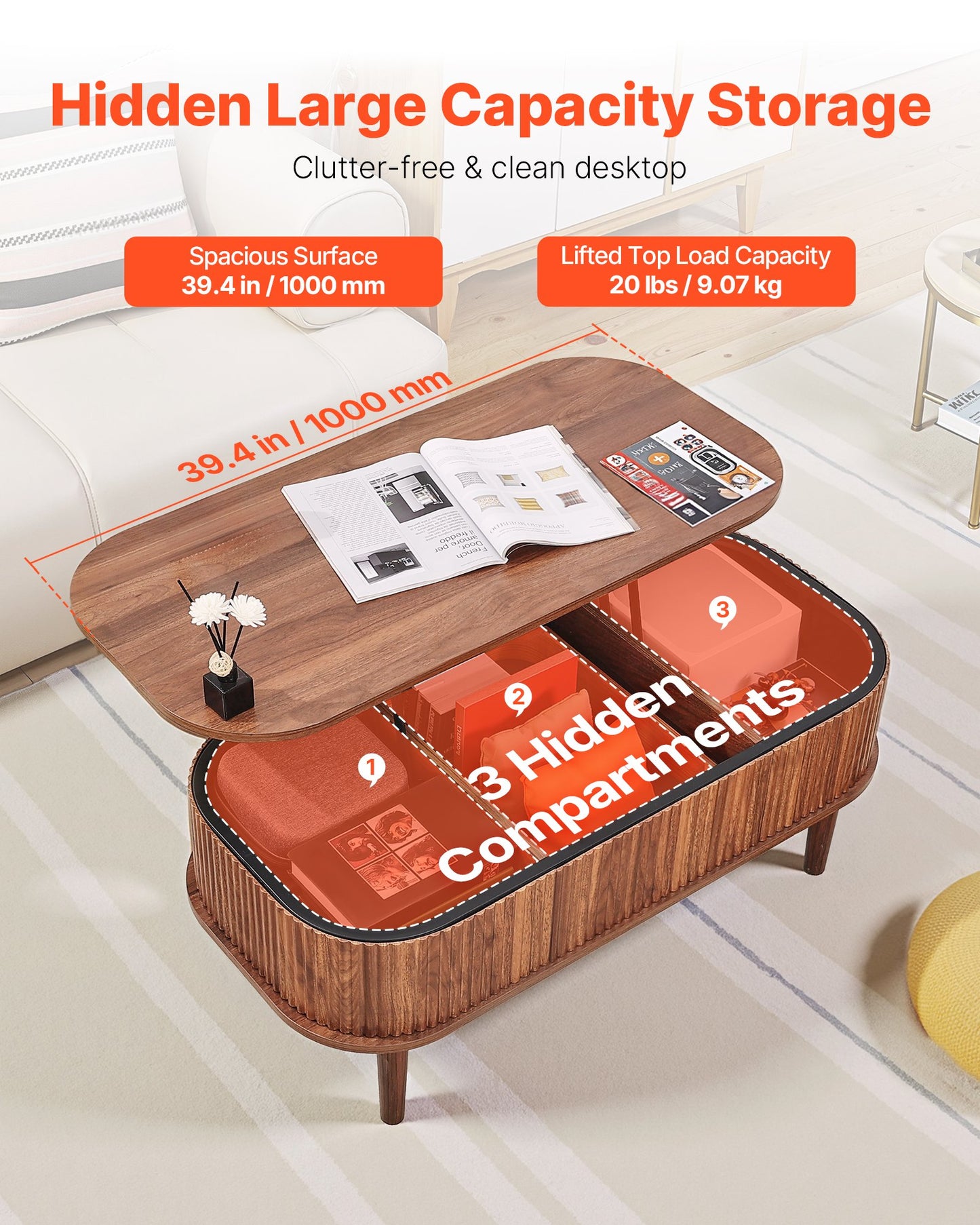 Lift Top Coffee Table with Hidden Storage - Mid-Century Wooden Oval Desk, Walnut Finish