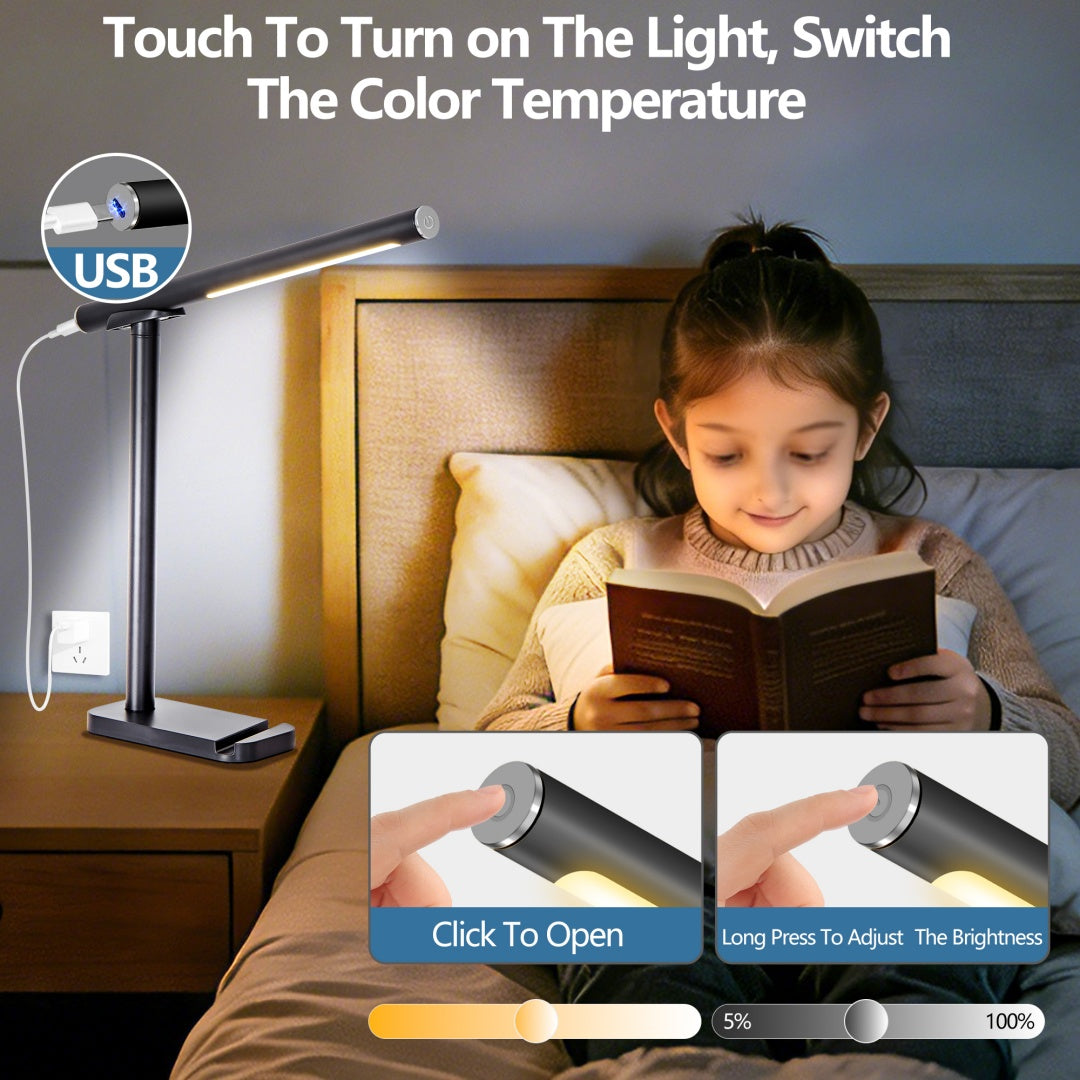 LED Desk Lamp Dimmable Reading Light with USB Charging & 5 Modes - Black