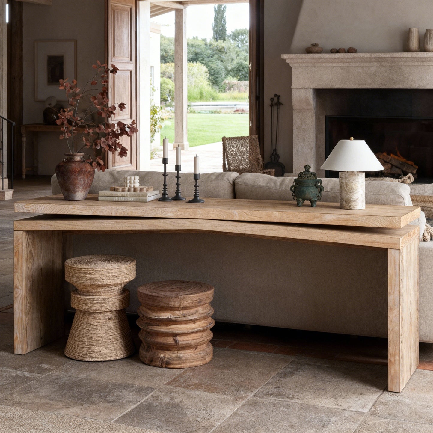 65-Inch Rustic Solid Wood Veneer Console Table - Antique Natural