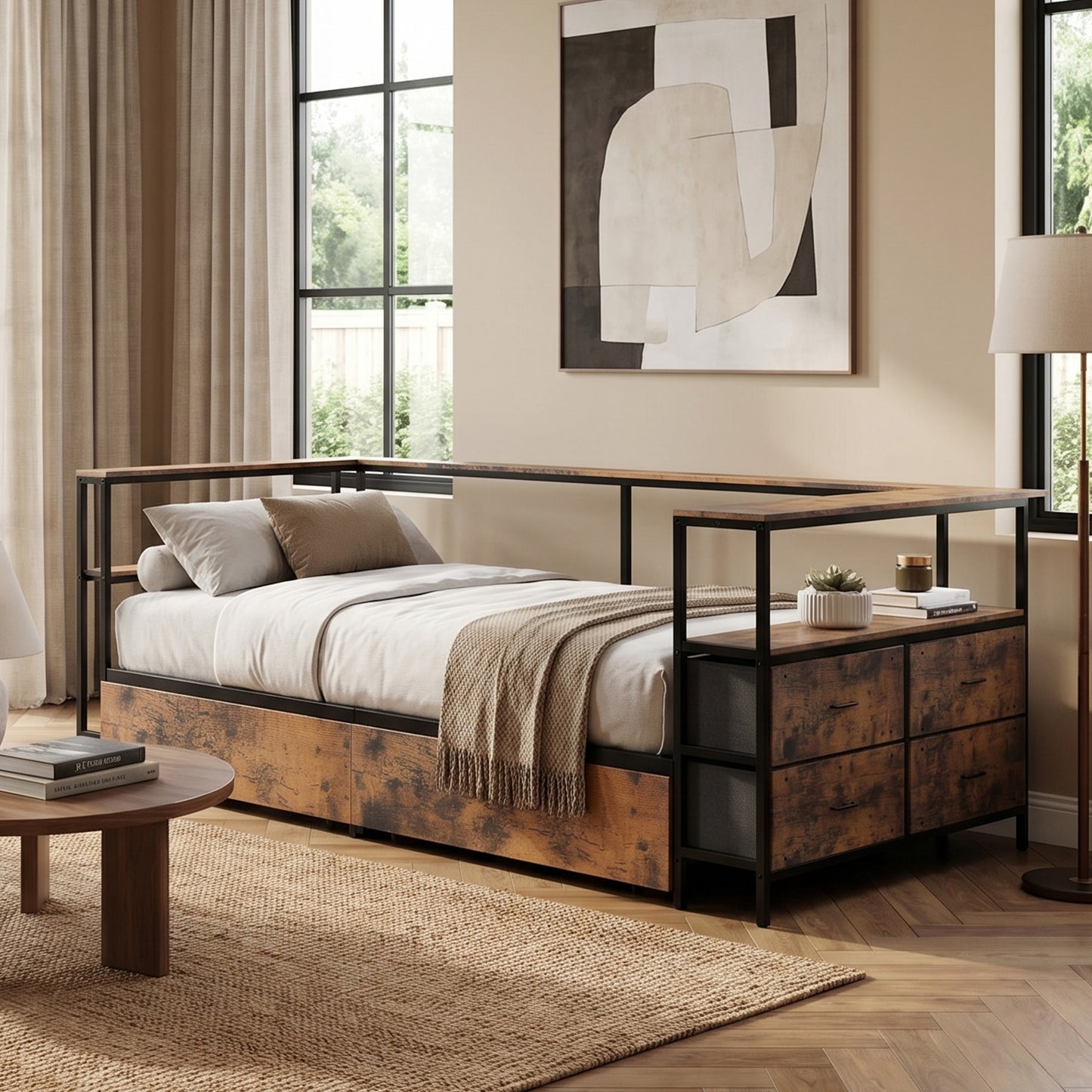 Twin Corner Daybed with Storage Drawers - Black Metal Frame