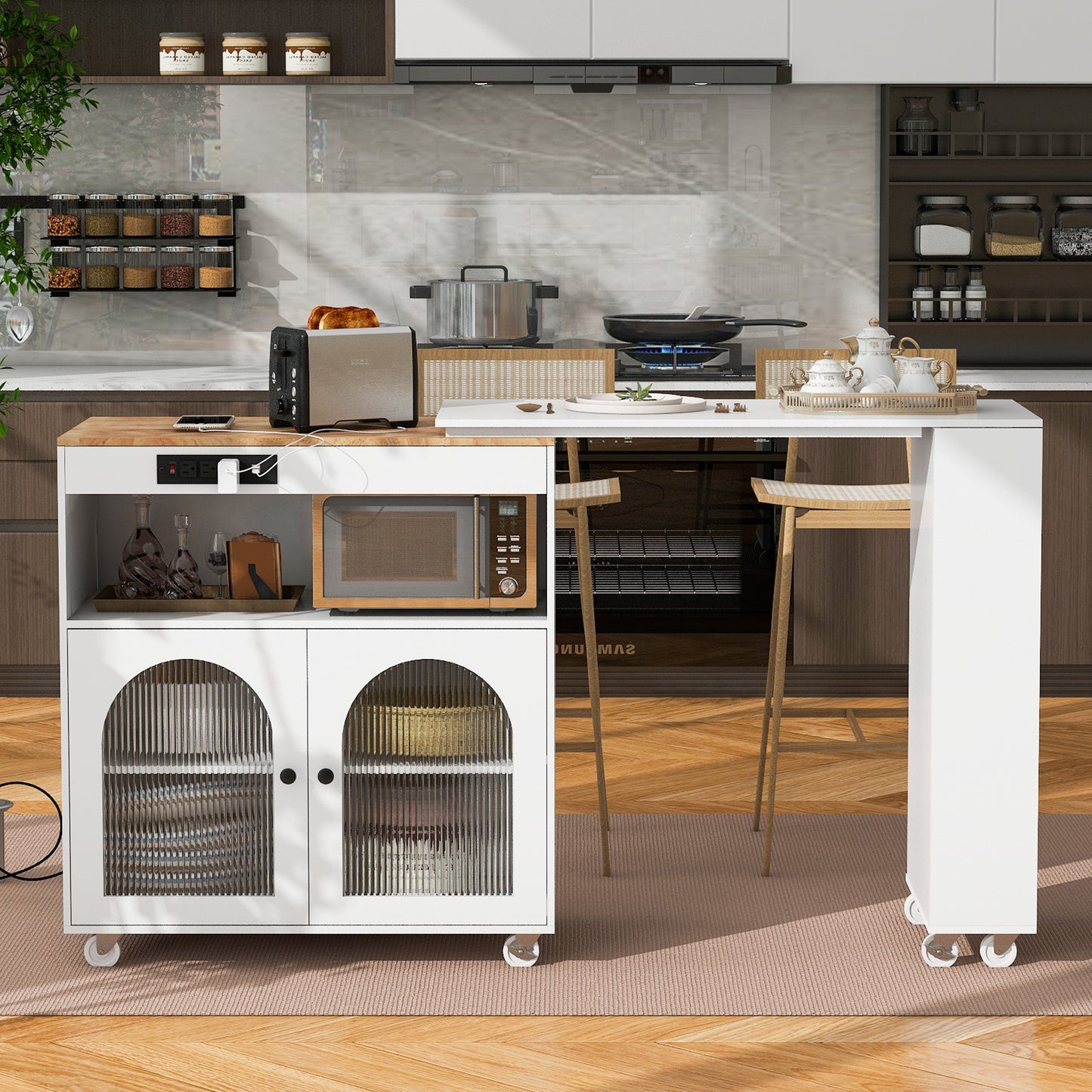 K&K Rolling Kitchen Island With Extended Table,Kitchen On Wheels LED
