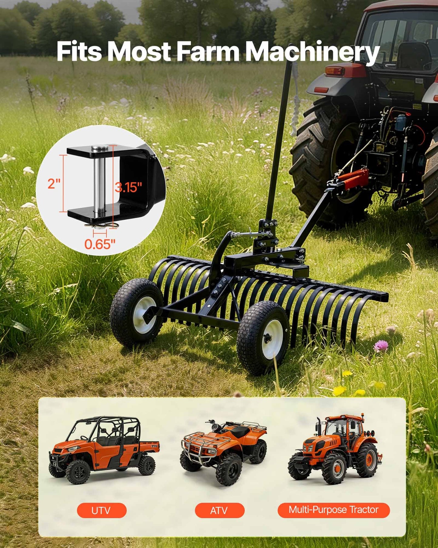 48-Inch Tow Behind Landscape Rake for ATV Tractors - Heavy Duty Steel Tines, Adjustable Height & Angle