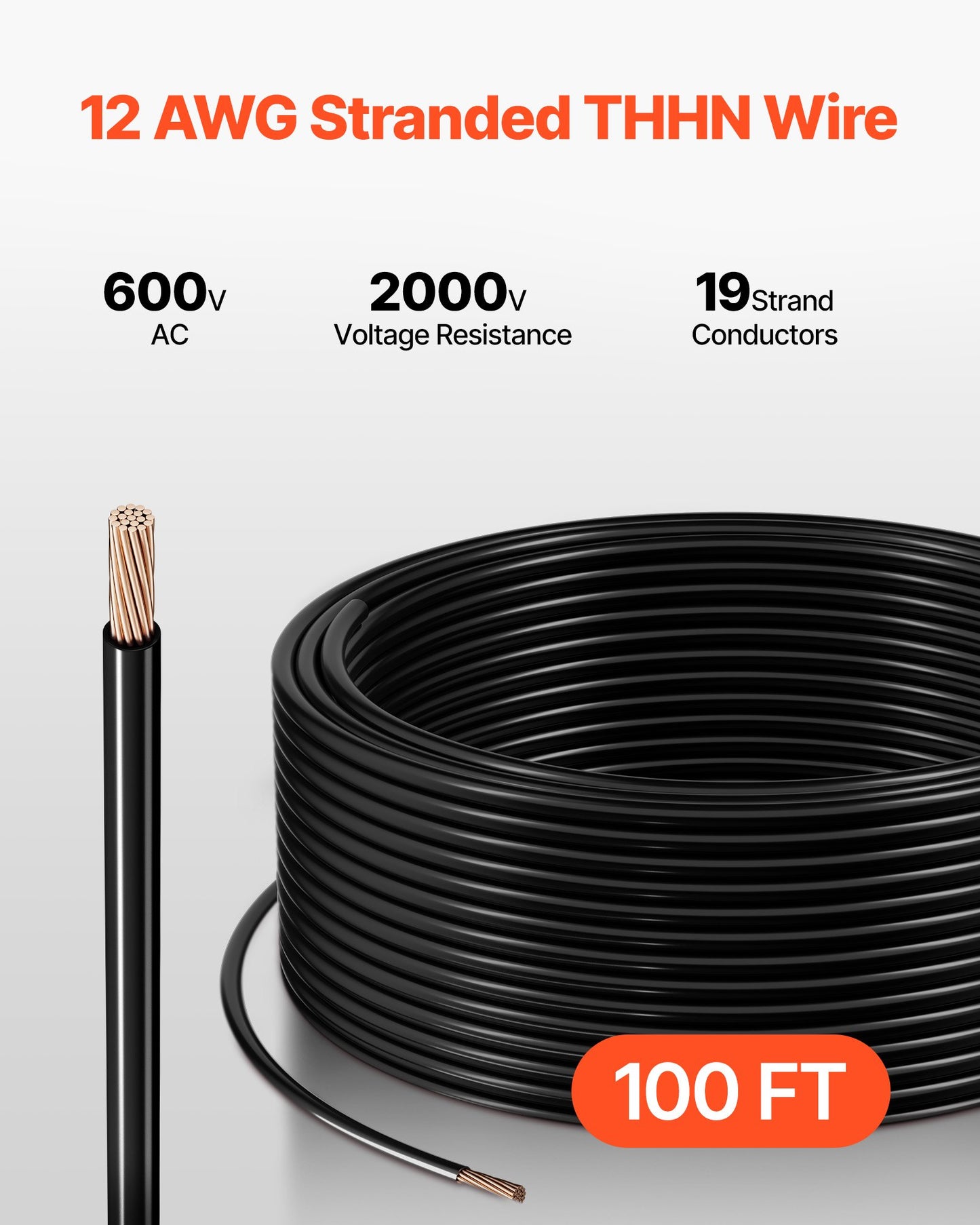12 AWG THHN Copper Building Wire 100 Ft Black Nylon Insulated 600V