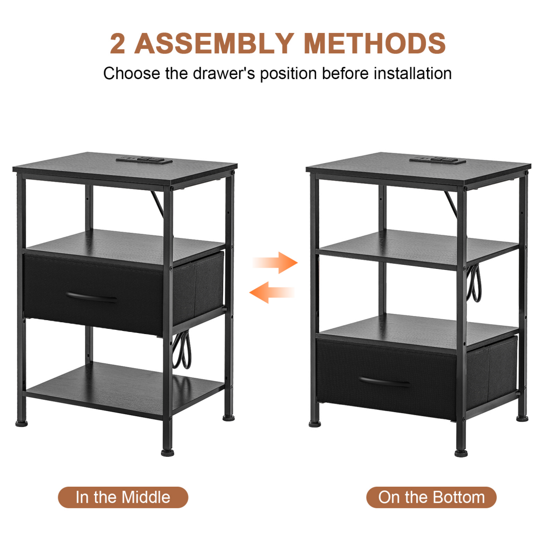 Black Bedside Table with USB-C Port and Adjustable Drawers