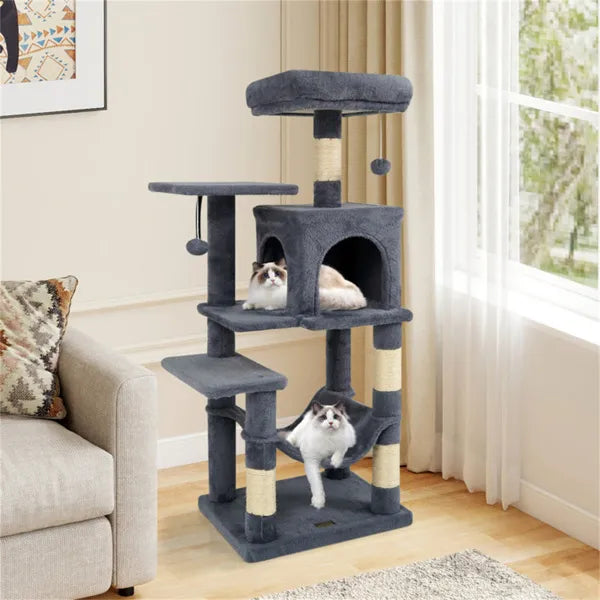 44-Inch Multi-Level Cat Tree with Spacious Perch, Condo & Hammock - Gray