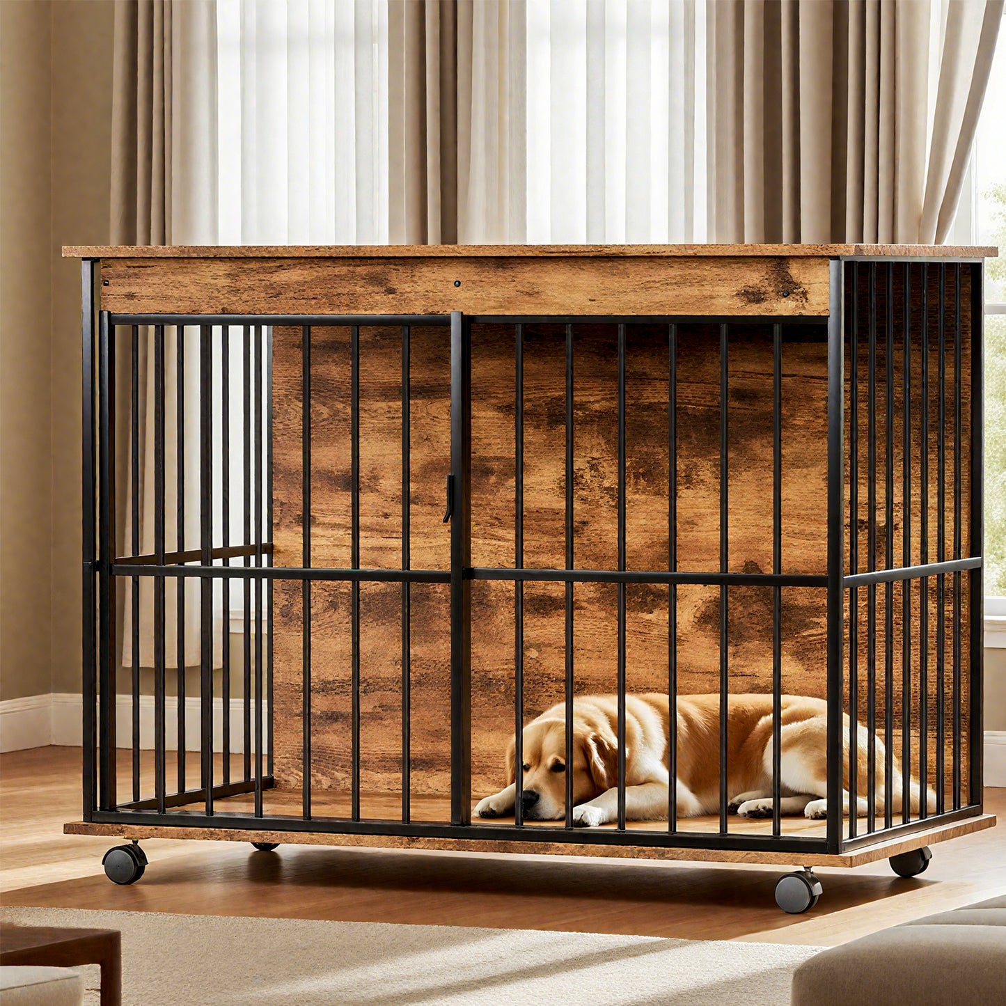 Large Wooden Dog Crate Furniture with Tray - Walnut Black