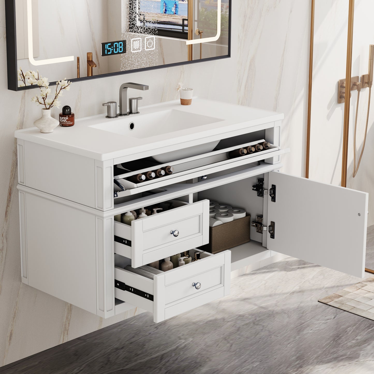 36-inch Wall Mounted Bathroom Vanity with Ceramic Sink & Drawers