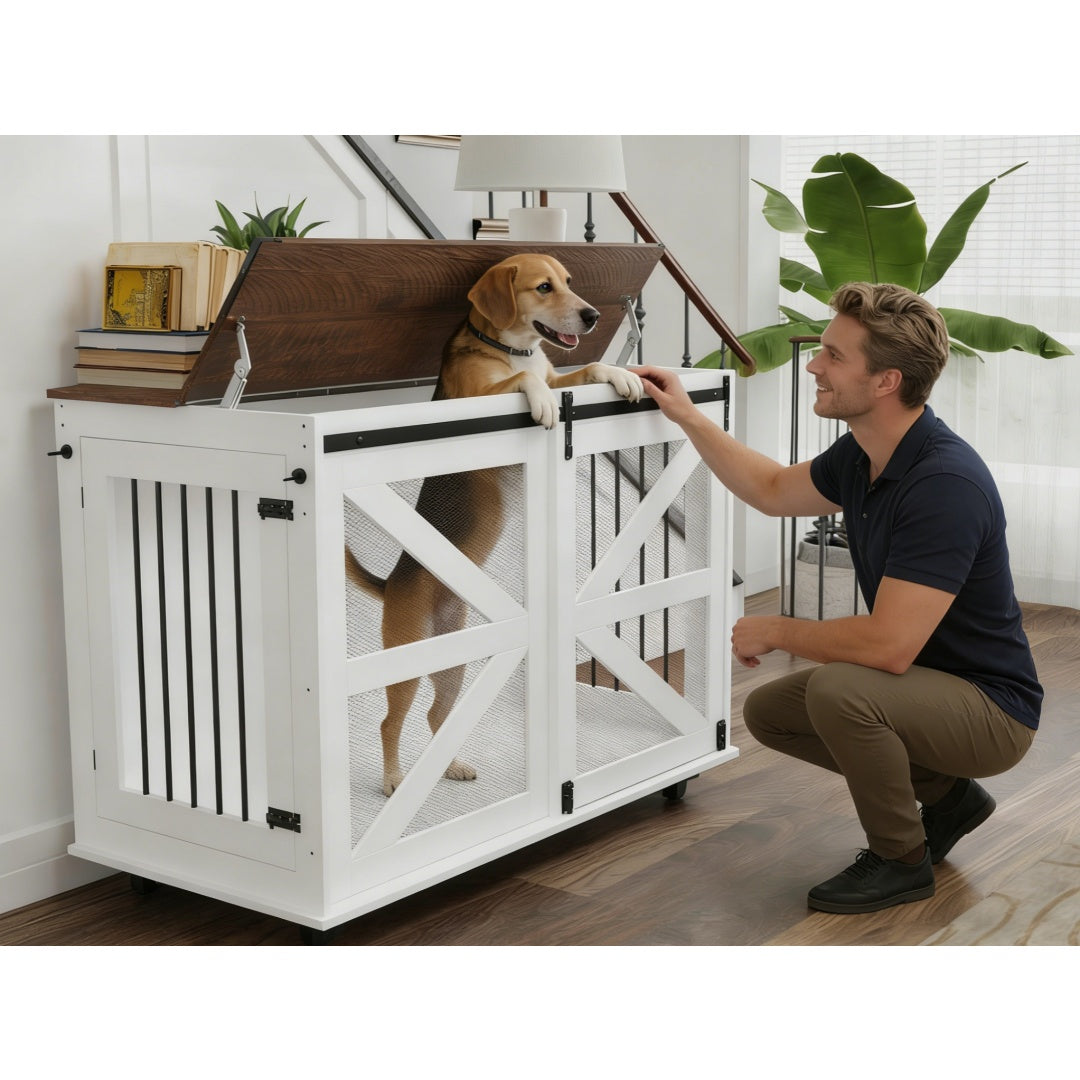 47.2-Inch Mobile Dog Crate with Flip-Top Feeding Door, Dual-Access & Casters
